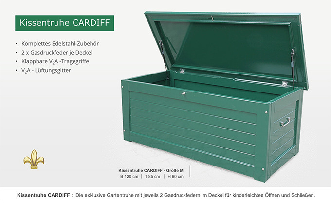 Premium Kissentruhe aus wertvollem Hartholz - Edelstahlzubehör - Gasdruckfedern - weiß, grün RAL lackiert - Auflagentruhe für Haus Garten Balkon