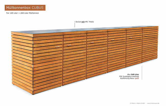 Hochwertige Verarbeitung und Beschläge aus Edelstahl = 6er Mülltonnenbox CUBUS aus FSC Hartholz - Oberfläche im Farbton Kastanie geölt. 
