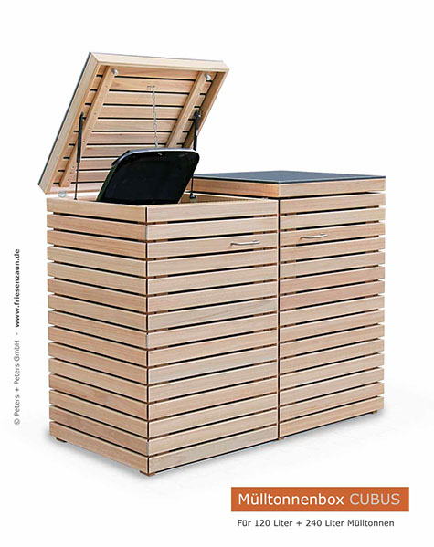 Hochwertige Verarbeitung und Beschläge aus Edelstahl = Mülltonnenbox CLASSIC aus FSC Hartholz - Oberfläche im Farbton Kastanie geölt. 