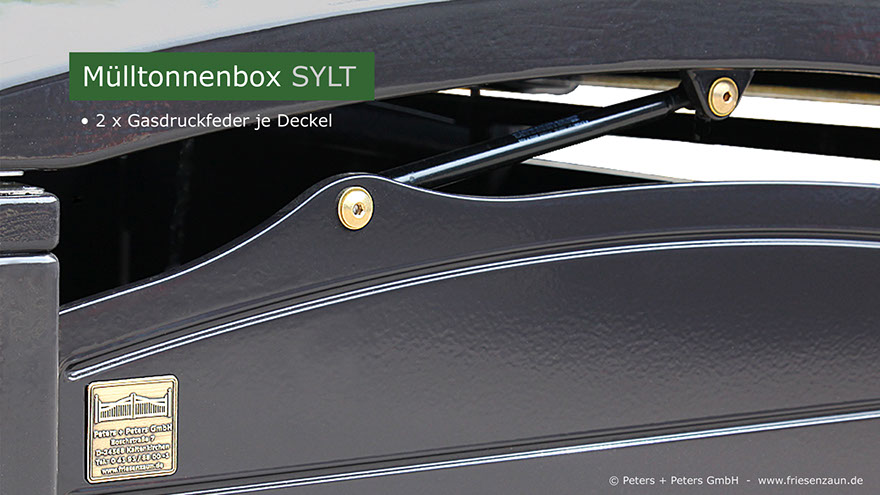 Sylter Mülltonnenverkleidung aus wertvollem Hartholz mit jeweils 2 Gasdruckfedern pro Deckel für ein kinderleichtes Öffnen und Schließen. 