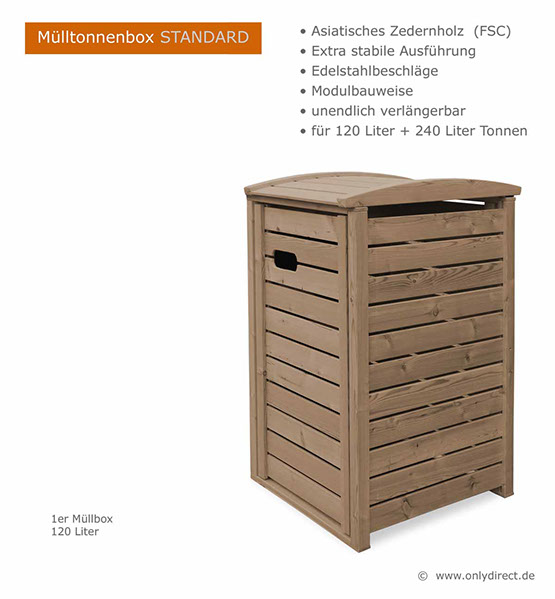 Mülltonnenbox STANDARD - Holz braun gebeizt - 120 Liter + 240 Liter - Asiatische Zeder (FSC) - extra massives Edelstahl Zubehör.