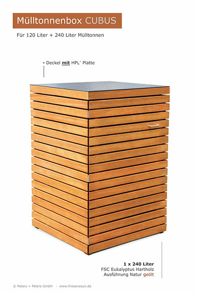 Hochwertige Verarbeitung und Beschläge aus Edelstahl = 1er Mülltonnenbox CUBUS aus FSC Hartholz - Oberfläche im Farbton Kastanie geölt. 