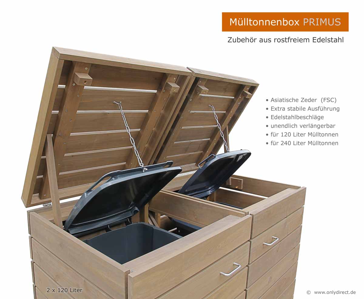 Mülltonnenbox PRIMUS für 120 und 240 Liter Mülltonnen - Extra stabile Ausführung - Asiatische Zeder (FSC) - unendlich verlängerbar