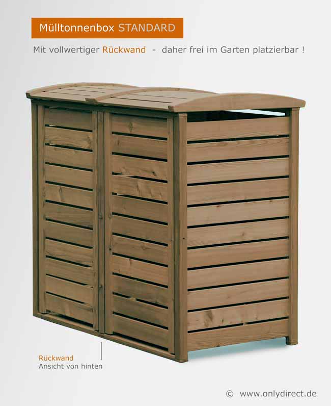 Mülltonnenbox STANDARD - Holz braun gebeizt - 120 Liter + 240 Liter - Asiatische Zeder (FSC) - extra massives Edelstahl Zubehör.