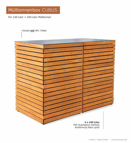 Hochwertige Verarbeitung und Beschläge aus Edelstahl = 2er Mülltonnenbox CUBUS aus FSC Hartholz - Oberfläche im Farbton Kastanie geölt. 