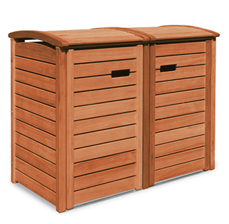 Hochwertige  Mülltonnenbox aus Holz in Tischlerqualität. Besonders massives  Eukalyptus Hartholz (FSC), Edelstahl-Zubehör. Ab EUR 519,00