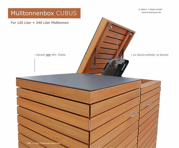 Hochwertige Verarbeitung und Beschläge aus Edelstahl = Mülltonnenbox CLASSIC aus FSC Hartholz - Oberfläche im Farbton Kastanie geölt. 