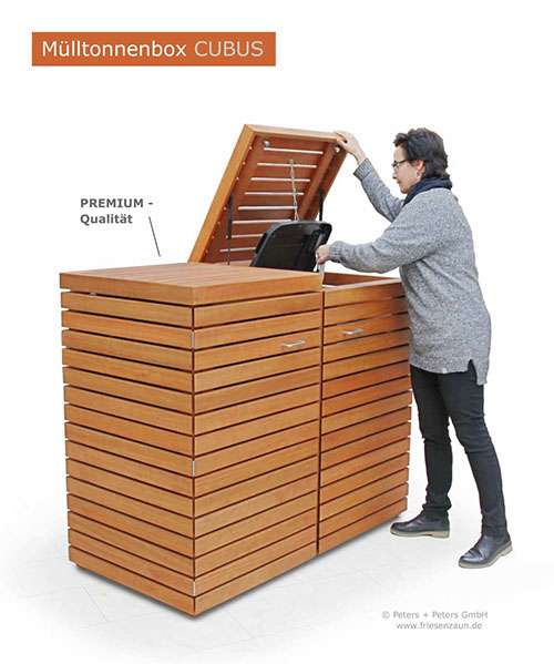 Hochwertige Verarbeitung und Beschläge aus Edelstahl = Mülltonnenbox CLASSIC aus FSC Hartholz - Oberfläche im Farbton Kastanie geölt. 