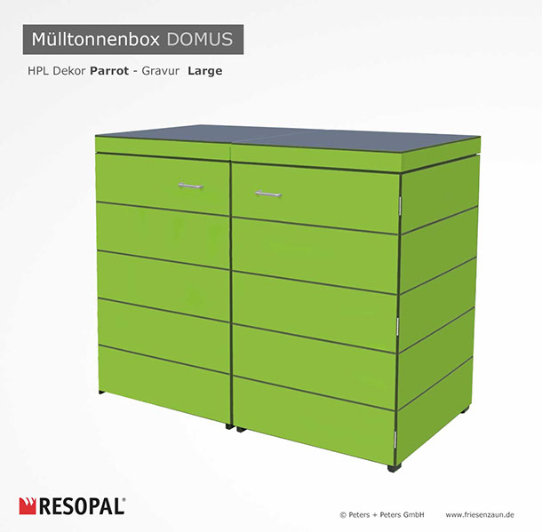 Moderne Mülltonnenbox DOMUS aus HPL-Dekorplatten - Tonnenhaus für 120 + 240 Liter&nbsp; Abfalltonnen - unendlich verlängerbar - Gasdruckfedern