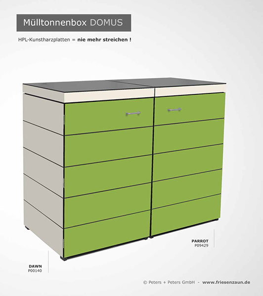 Moderne Mülltonnenbox DOMUS aus HPL-Dekorplatten - Tonnenhaus für 120 + 240 Liter&nbsp; Abfalltonnen - unendlich verlängerbar - Gasdruckfedern