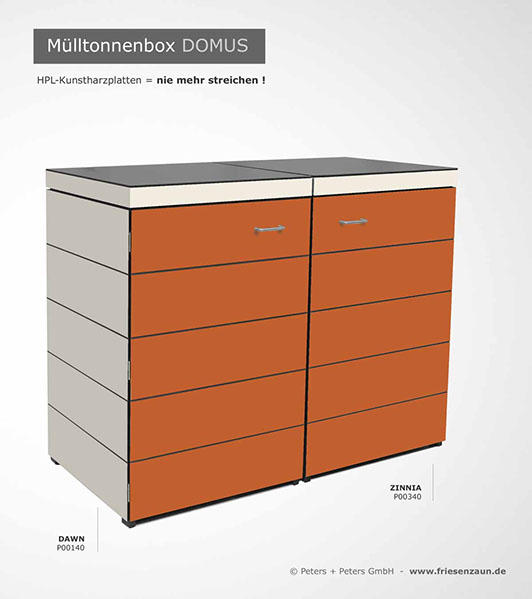 Moderne Mülltonnenbox DOMUS aus HPL-Dekorplatten - Tonnenhaus für 120 + 240 Liter&nbsp; Abfalltonnen - unendlich verlängerbar - Gasdruckfedern