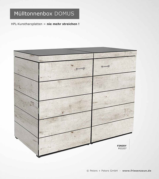 Moderne Mülltonnenbox DOMUS aus HPL-Dekorplatten - Tonnenhaus für 120 + 240 Liter&nbsp; Abfalltonnen - unendlich verlängerbar - Gasdruckfedern