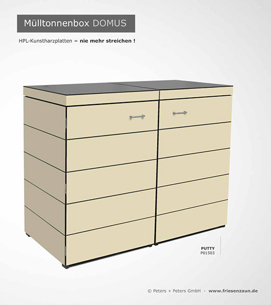Moderne Mülltonnenbox DOMUS aus HPL-Dekorplatten - Tonnenhaus für 120 + 240 Liter&nbsp; Abfalltonnen - unendlich verlängerbar - Gasdruckfedern