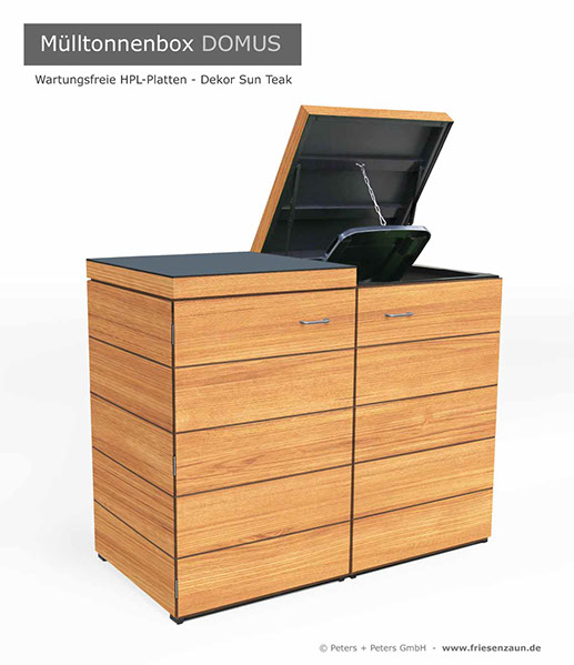 Moderne Mülltonnenbox DOMUS aus HPL-Dekorplatten - Tonnenhaus für 120 + 240 Liter&nbsp; Abfalltonnen - unendlich verlängerbar - Gasdruckfedern