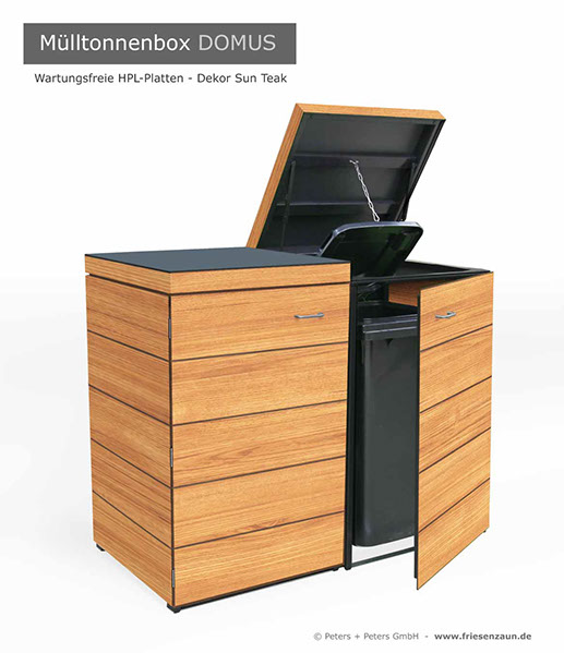 Moderne Mülltonnenbox DOMUS aus HPL-Dekorplatten - Tonnenhaus für 120 + 240 Liter&nbsp; Abfalltonnen - unendlich verlängerbar - Gasdruckfedern