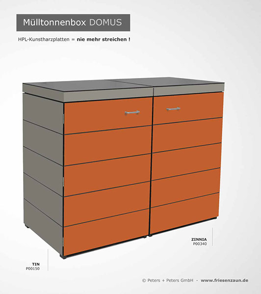 Moderne Mülltonnenbox DOMUS aus HPL-Dekorplatten - Tonnenhaus für 120 + 240 Liter&nbsp; Abfalltonnen - unendlich verlängerbar - Gasdruckfedern