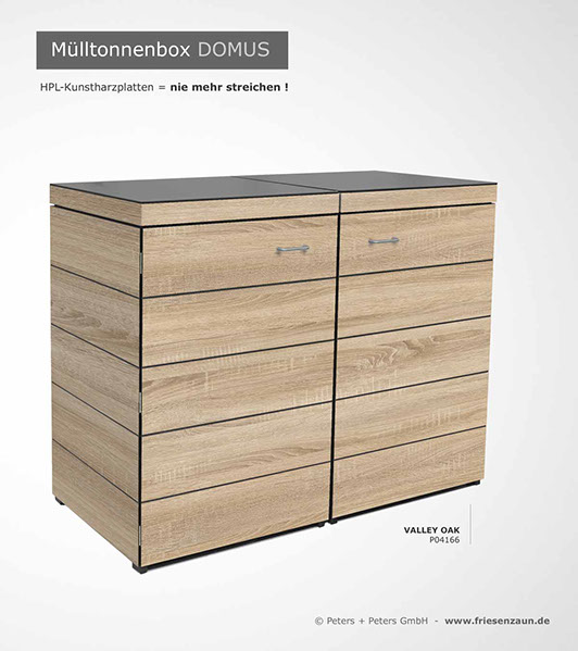 Moderne Mülltonnenbox DOMUS aus HPL-Dekorplatten - Tonnenhaus für 120 + 240 Liter&nbsp; Abfalltonnen - unendlich verlängerbar - Gasdruckfedern