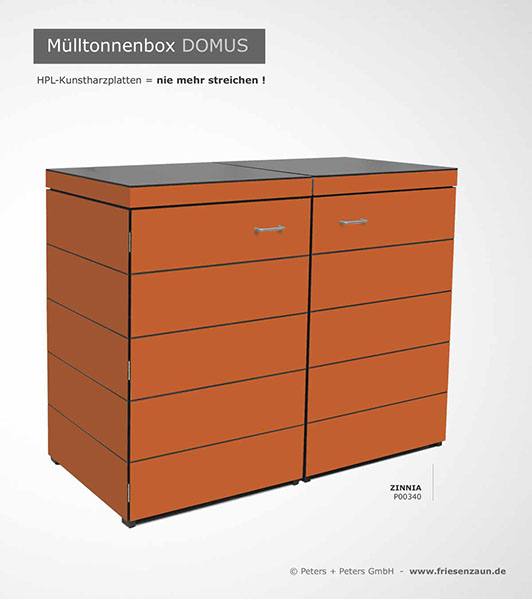 Moderne Mülltonnenbox DOMUS aus HPL-Dekorplatten - Tonnenhaus für 120 + 240 Liter&nbsp; Abfalltonnen - unendlich verlängerbar - Gasdruckfedern