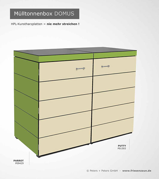 Moderne Mülltonnenbox DOMUS aus HPL-Dekorplatten - Tonnenhaus für 120 + 240 Liter&nbsp; Abfalltonnen - unendlich verlängerbar - Gasdruckfedern