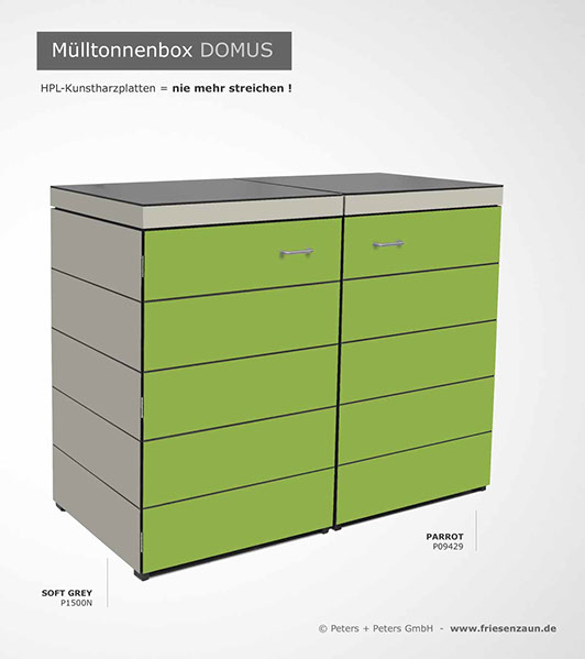Moderne Mülltonnenbox DOMUS aus HPL-Dekorplatten - Tonnenhaus für 120 + 240 Liter&nbsp; Abfalltonnen - unendlich verlängerbar - Gasdruckfedern