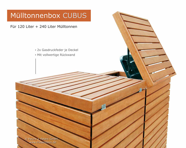 Hochwertige Verarbeitung und Beschläge aus Edelstahl = Mülltonnenbox CLASSIC aus FSC Hartholz - Oberfläche im Farbton Kastanie geölt. 