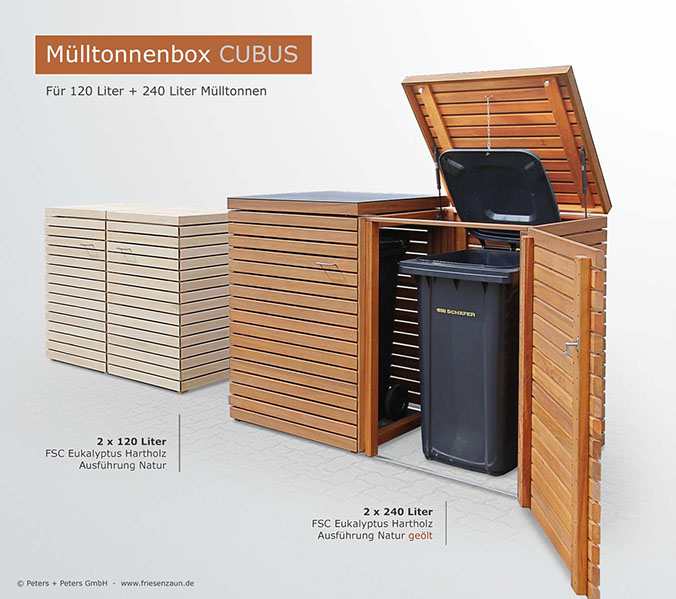 Hochwertige Verarbeitung und Beschläge aus Edelstahl - 2er Mülltonnenbox für 120 Liter oder 240 Liter Abfalltonnen
