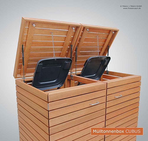 Hochwertige Verarbeitung und Beschläge aus Edelstahl = Mülltonnenbox CUBUS aus FSC Hartholz - Oberfläche im Farbton Kastanie geölt. 