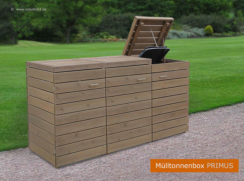 Extra stabil und besonders schön - Mülltonnenbox PRIMUS im modernem Cubus Design - FSC Zedernholz - braun gebeizt.