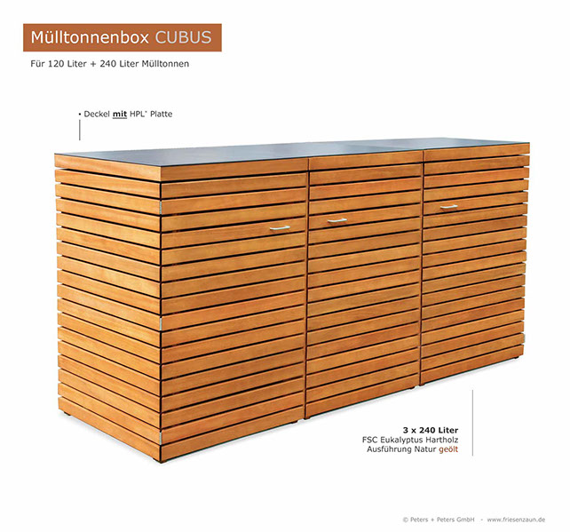 Hochwertige Verarbeitung und Beschläge aus Edelstahl = 3er Mülltonnenbox CUBUS aus FSC Hartholz - Oberfläche im Farbton Kastanie geölt. 