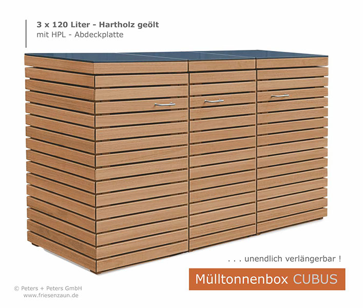 Hochwertige Verarbeitung und Beschläge aus Edelstahl = Mülltonnenbox CLASSIC aus FSC Hartholz - Oberfläche im Farbton Kastanie geölt. 