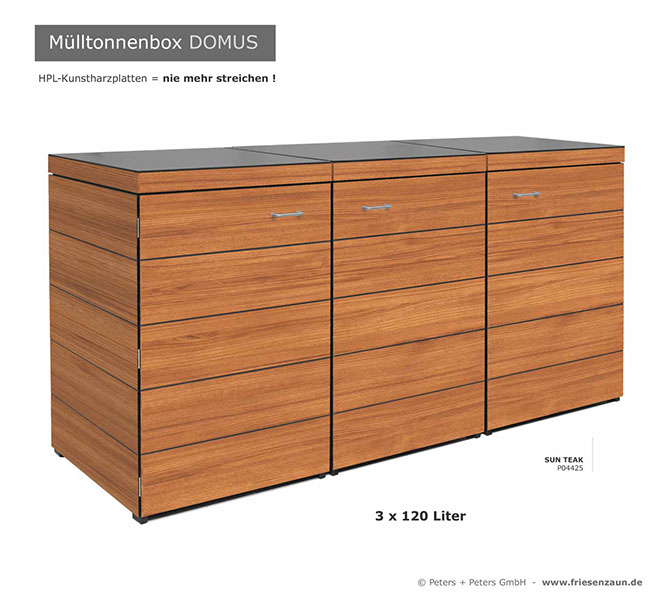 Moderne Mülltonnenbox DOMUS aus HPL-Dekorplatten - Tonnenhaus für 120 + 240 Liter&nbsp; Abfalltonnen - unendlich verlängerbar - Gasdruckfedern