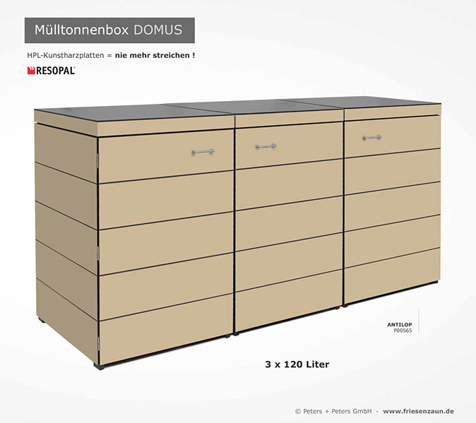 Moderne Mülltonnenbox DOMUS aus HPL-Dekorplatten - Tonnenhaus für 120 + 240 Liter&nbsp; Abfalltonnen - unendlich verlängerbar - Gasdruckfedern