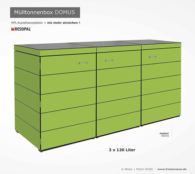 Moderne Mülltonnenbox DOMUS aus HPL-Dekorplatten - Tonnenhaus für 120 + 240 Liter&nbsp; Abfalltonnen - unendlich verlängerbar - Gasdruckfedern