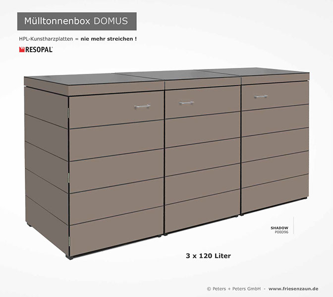 Moderne Mülltonnenbox DOMUS aus HPL-Dekorplatten - Tonnenhaus für 120 + 240 Liter&nbsp; Abfalltonnen - unendlich verlängerbar - Gasdruckfedern