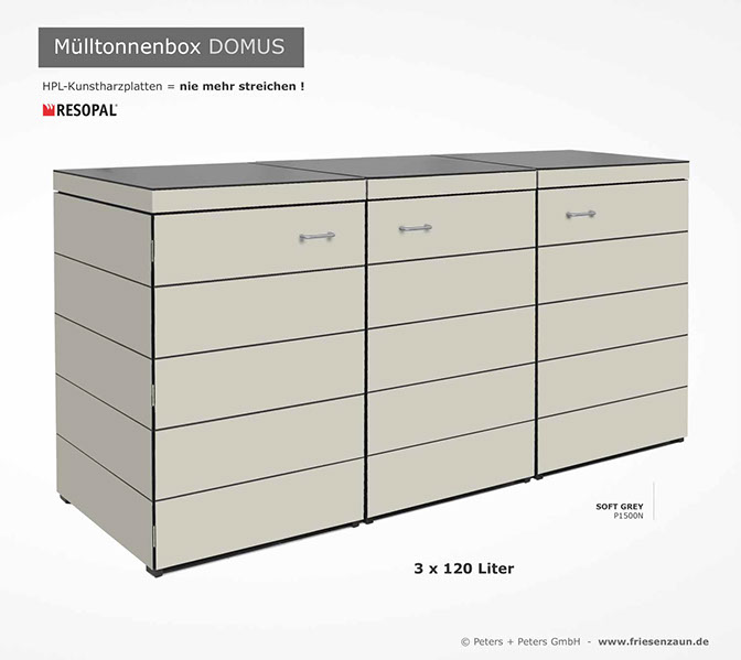 Moderne Mülltonnenbox DOMUS aus HPL-Dekorplatten - Tonnenhaus für 120 + 240 Liter&nbsp; Abfalltonnen - unendlich verlängerbar - Gasdruckfedern