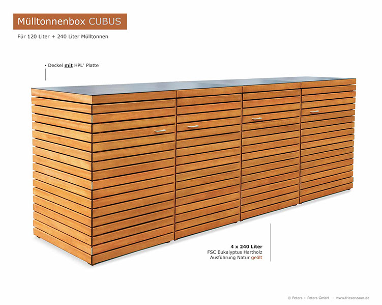 Hochwertige Verarbeitung und Beschläge aus Edelstahl = 4er Mülltonnenbox CUBUS aus FSC Hartholz - Oberfläche im Farbton Kastanie geölt. 