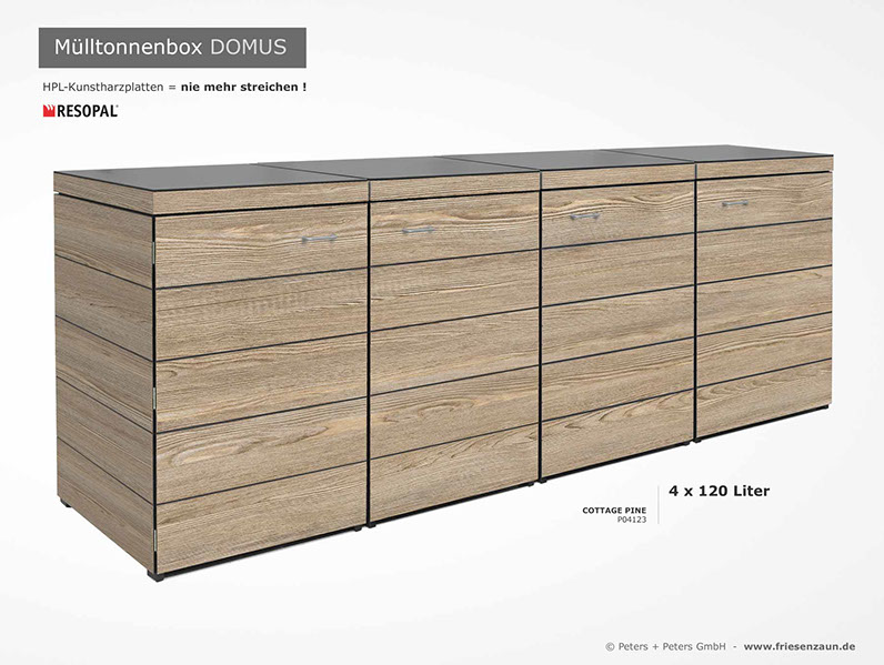 Moderne Mülltonnenbox DOMUS aus HPL-Dekorplatten - Tonnenhaus für 120 + 240 Liter&nbsp; Abfalltonnen - unendlich verlängerbar - Gasdruckfedern