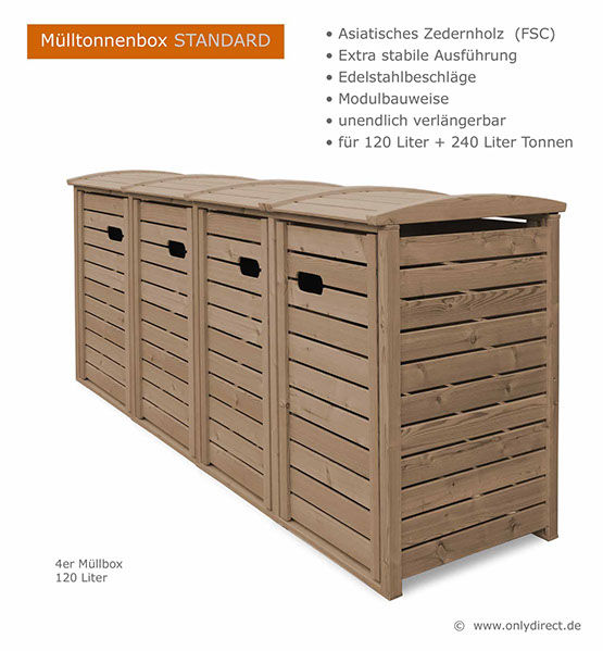 Mülltonnenbox STANDARD - Holz braun gebeizt - 120 Liter + 240 Liter - Asiatische Zeder (FSC) - extra massives Edelstahl Zubehör.