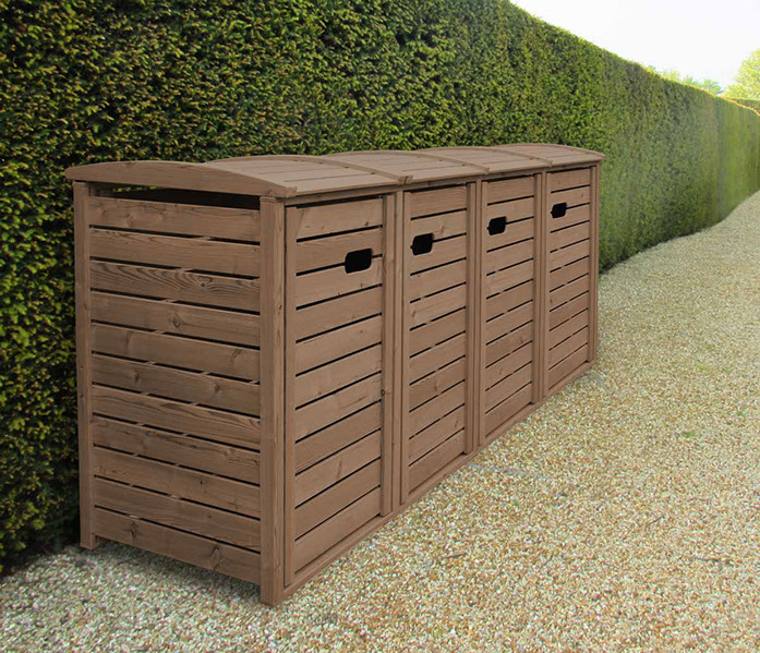 Mülltonnenbox STANDARD - Holz braun gebeizt - 120 Liter + 240 Liter - Asiatische Zeder (FSC) - extra massives Edelstahl Zubehör.