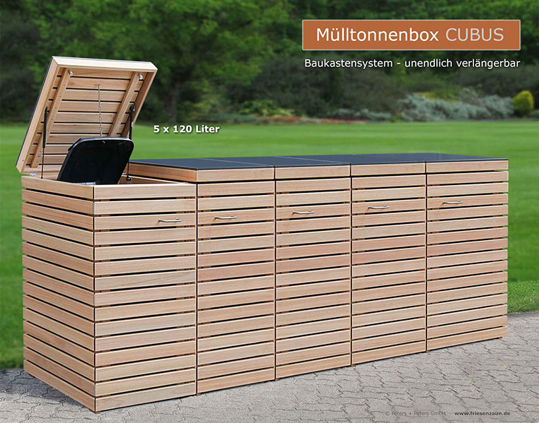 Hochwertige Verarbeitung und Beschläge aus Edelstahl = Mülltonnenbox CLASSIC aus FSC Hartholz - Oberfläche im Farbton Kastanie geölt. 