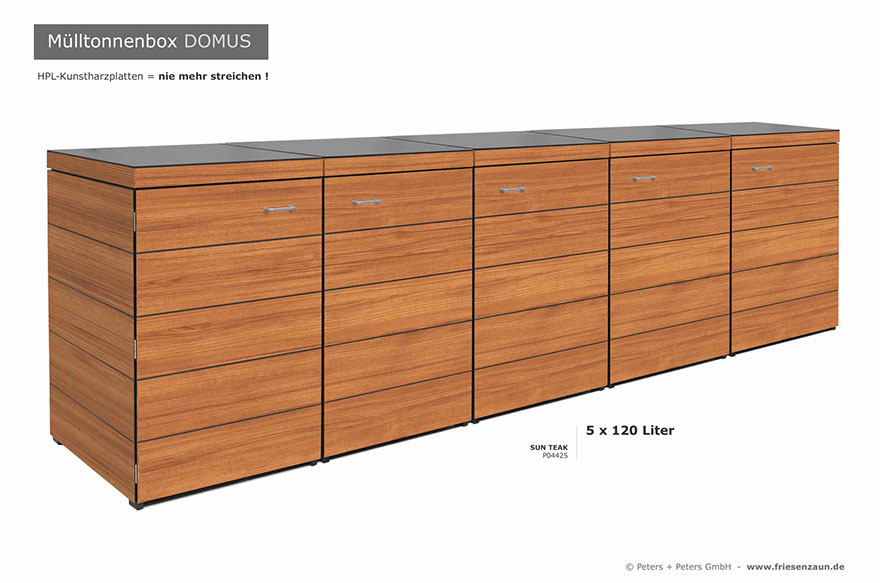 Moderne Mülltonnenbox DOMUS aus HPL-Dekorplatten - Tonnenhaus für 120 + 240 Liter&nbsp; Abfalltonnen - unendlich verlängerbar - Gasdruckfedern