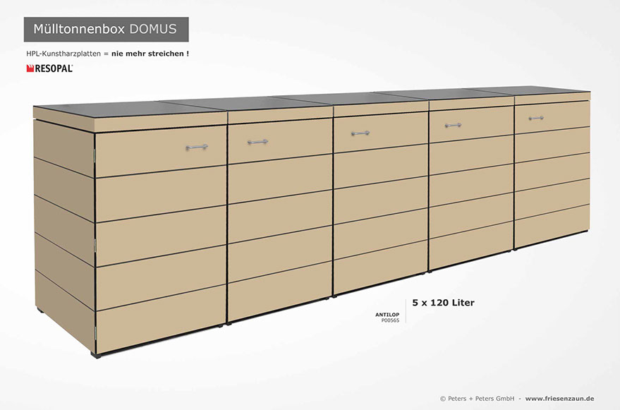 Moderne Mülltonnenbox DOMUS aus HPL-Dekorplatten - Tonnenhaus für 120 + 240 Liter&nbsp; Abfalltonnen - unendlich verlängerbar - Gasdruckfedern