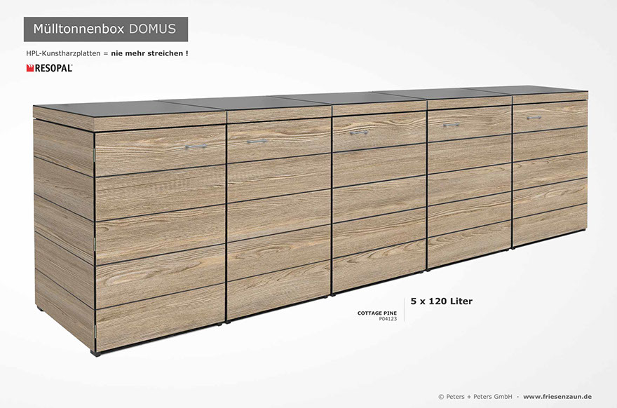 Moderne Mülltonnenbox DOMUS aus HPL-Dekorplatten - Tonnenhaus für 120 + 240 Liter&nbsp; Abfalltonnen - unendlich verlängerbar - Gasdruckfedern