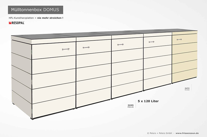 Moderne Mülltonnenbox DOMUS aus HPL-Dekorplatten - Tonnenhaus für 120 + 240 Liter&nbsp; Abfalltonnen - unendlich verlängerbar - Gasdruckfedern