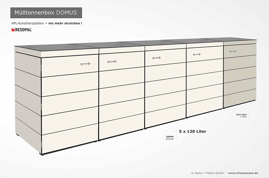 Moderne Mülltonnenbox DOMUS aus HPL-Dekorplatten - Tonnenhaus für 120 + 240 Liter&nbsp; Abfalltonnen - unendlich verlängerbar - Gasdruckfedern