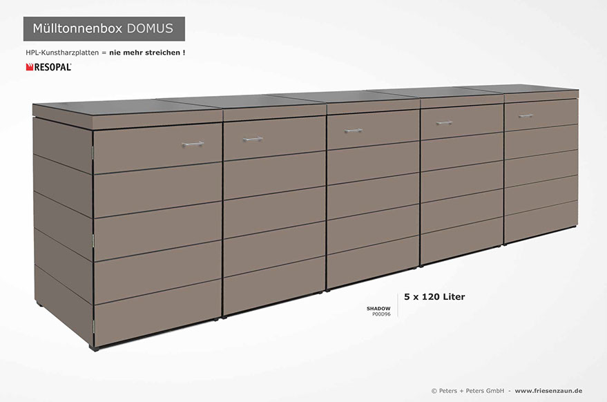 Moderne Mülltonnenbox DOMUS aus HPL-Dekorplatten - Tonnenhaus für 120 + 240 Liter&nbsp; Abfalltonnen - unendlich verlängerbar - Gasdruckfedern