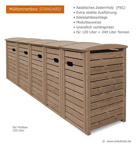 Mülltonnenbox STANDARD - Holz braun gebeizt - 120 Liter + 240 Liter - Asiatische Zeder (FSC) - extra massives Edelstahl Zubehör.