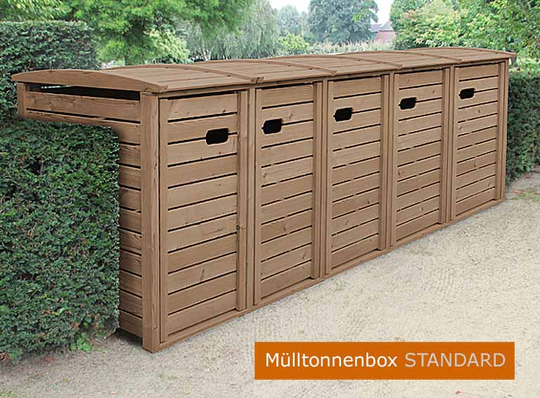 Mülltonnenbox STANDARD - Holz braun gebeizt - 120 Liter + 240 Liter - Asiatische Zeder (FSC) - extra massives Edelstahl Zubehör.
