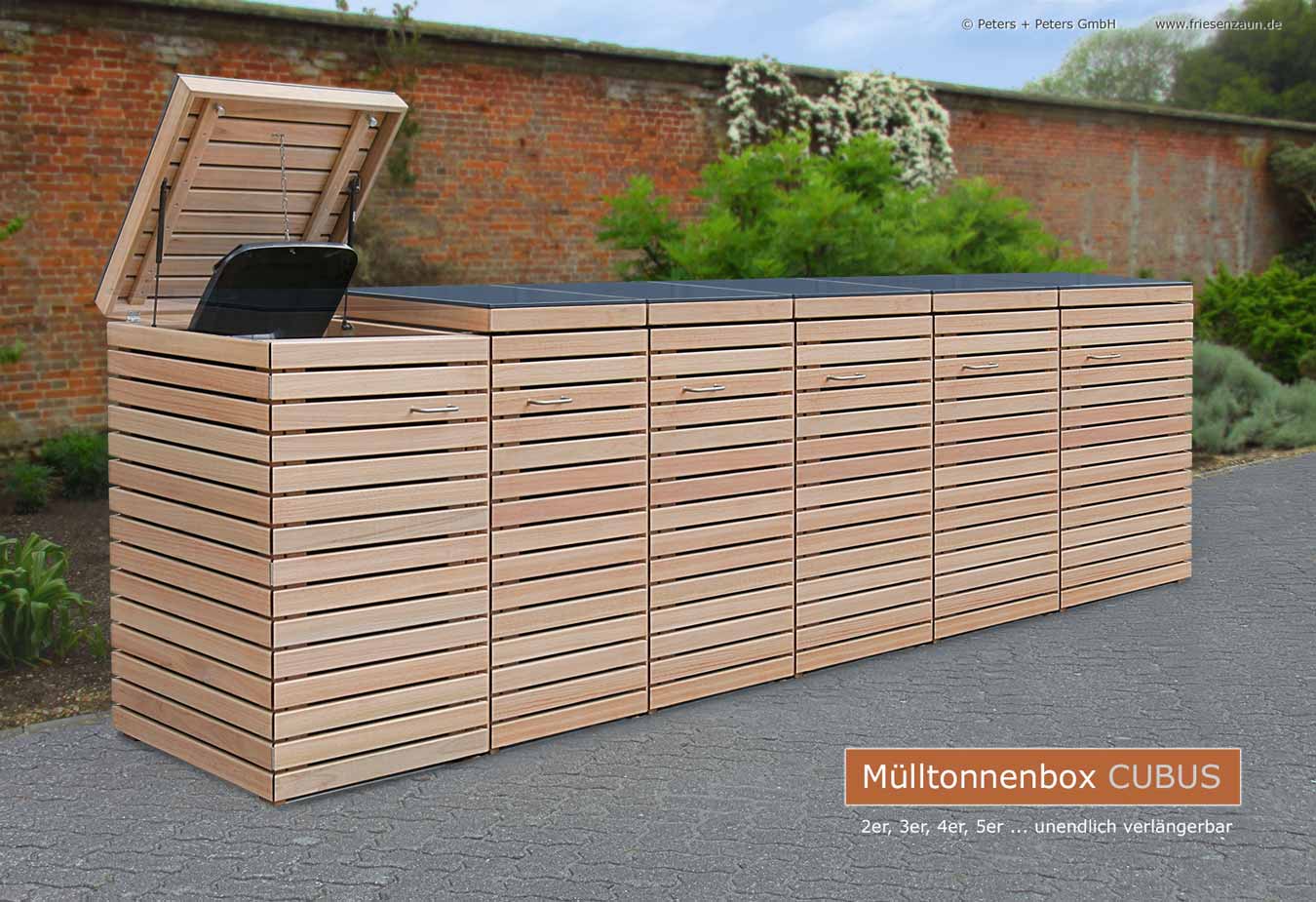 Mülltonnenbox CUBUS für 6x 120 + 240 Liter Tonnen - 2x Gasdruckfeder je Deckel - Edel + modern