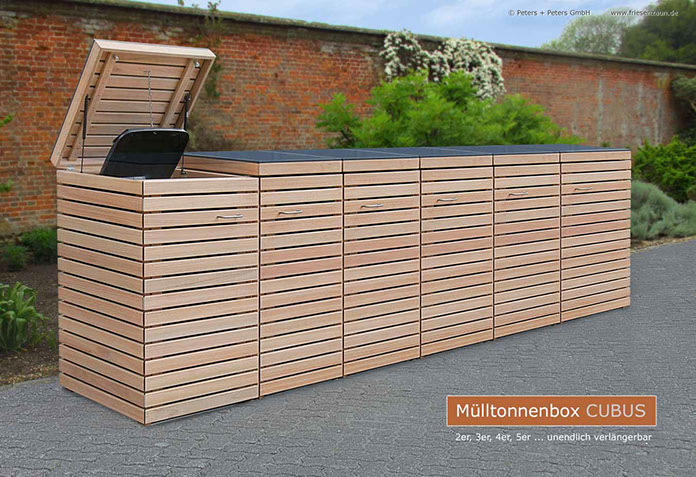 Hochwertige Verarbeitung und Beschläge aus Edelstahl = Mülltonnenbox CLASSIC aus FSC Hartholz - Oberfläche im Farbton Kastanie geölt. 